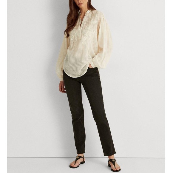 LAUREN RALPH LAUREN Embroidered Rounded Hem Pinstripe Long Sleeve Top - NWT XXL - Picture 2 of 4